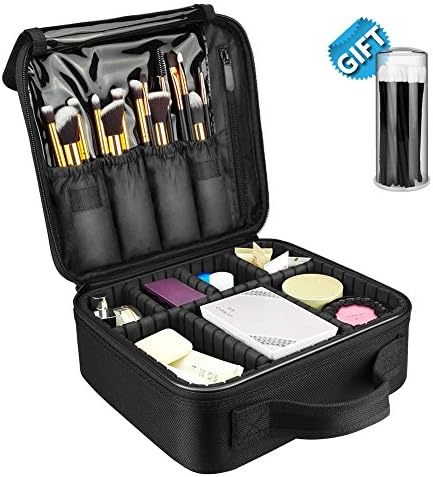 Travel Makeup Case, Portable Cosmetic Train Case with Adjustable Dividers for Makeup Tools + 50 Free Disposable Lip Brushes
