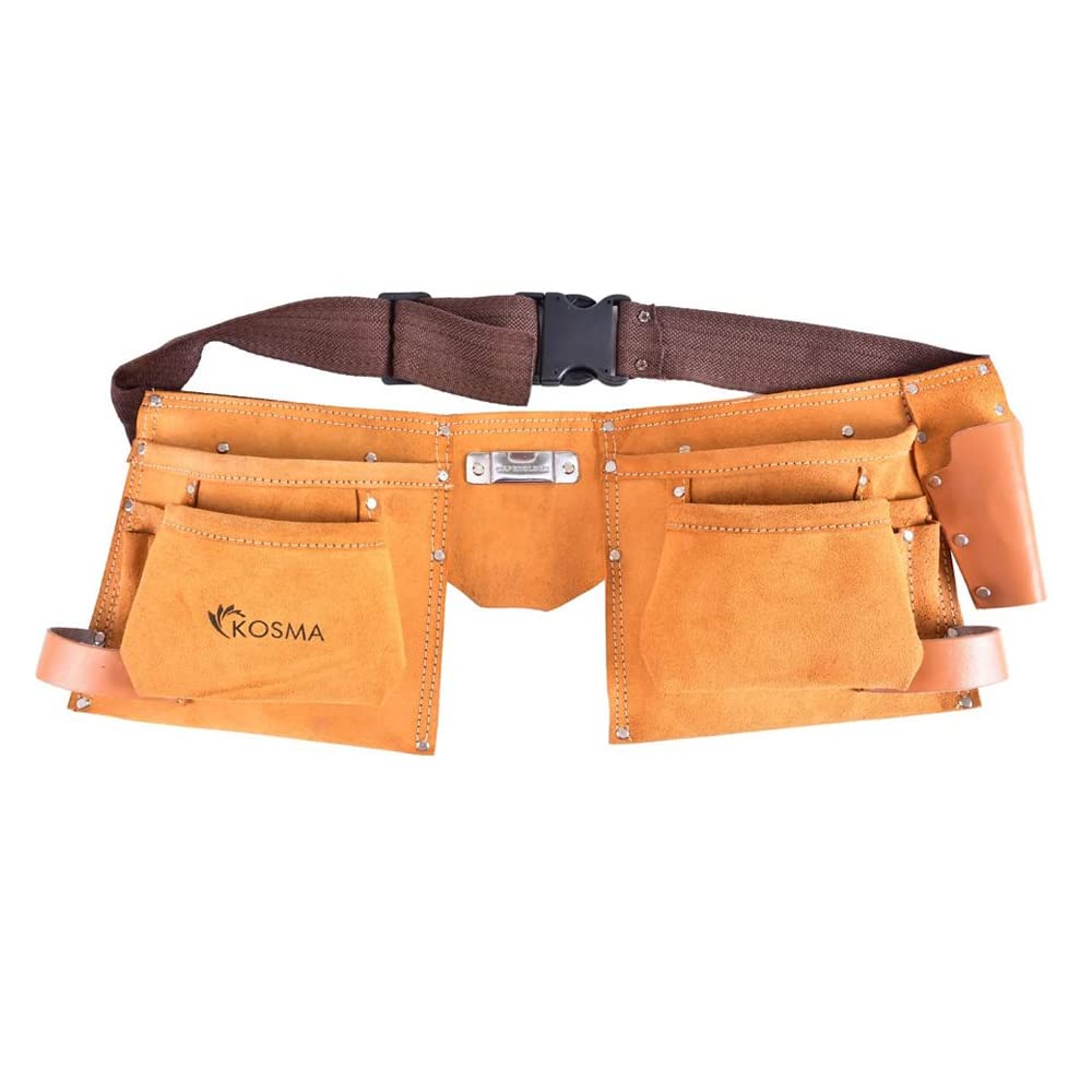 Kosma 11 Pocket Tool Storage Belt Apron - Leather Electrician Pouch with Hammer Holder