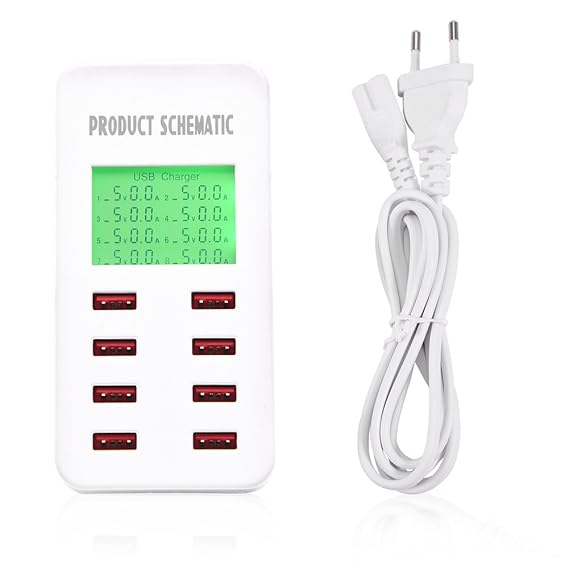 Richer-R 8-port USB Ladegerät, Schnelle USB Smart Ladegerät,110-240V Multi-Port Schnellladegerät,40W USB Ladestation mit LCD 