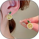 Yellow Lemon Crystal Earrings for Women, Trendy Red Rhinestone Leaf Round Drop Statement Earrings Sweet Preppy Fruit Ear Jewelry Accessories