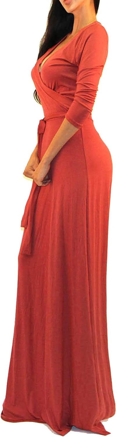 Vivicastle Women's USA Solid V-Neck 3/4 Sleeve Faux Wrap Waist Long Maxi Dress at  Women’s Clothing store
