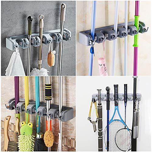 Veeca Skidproof Mop and Broom Holder Garden Tool Organizer with 5 Position and 6 Hooks Wall Mounted Garage Hanger for Kitchen, Garage, Garden, Warehouse