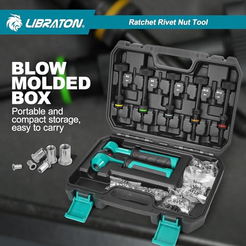 LIBRATON Riveter for Threaded Inserts, Hand Riveter Threaded Inserts, Ratchet Threaded Riveter, Pliers Threaded Riveter with 5 Metric Spindles, 5 Nozzles, 50 Rivets Nuts, Box