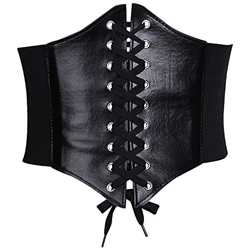 Glamorstar Cinturón de corsé para mujer ancho elástico atado Waspie cinturones con cordones de cuero cinturones de cintura para vestidos de mujer - negro - L:cintura 31/34"