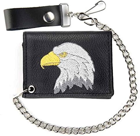 Genuine Leather Men's Embroidered Eagle Tri-Fold Biker Chain Wallet TC813-KKS