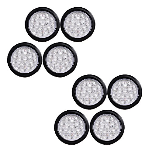 4" Round 12-LED Truck RV Trailer Tail Light Rubber Wiring Plug Kit (Pack of 8, Clear Lens - Red Light)