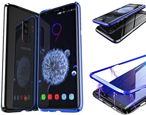 Magnetic Adsorption Case For Samsung Galaxy S9+ Plus - Tempered Glass Back [Metal Frames] Slim Fit Ultra-Thin Case Lightweight, Luxury Magnet Case Galaxy S9 Plus Case (Blue Black Frame + Clear Back)
