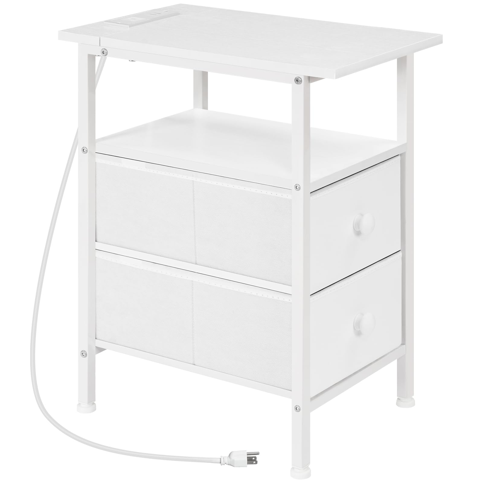 Photo 1 of HOOBRO End Table with Charging Station, Narrow Side Table, Nightstand with 2 Non-Woven Drawers, Slim Sofa Side Table, for Small Spaces, Living Room, Bedroom, White WT486UBZ01