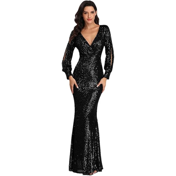 Amazon.com: Miss ord Women's Formal Sequin Deep V Long Sleeves Maxi Party  Gown, Bodycon Mermaid Prom Dress Green : Clothing, Shoes & Jewelry