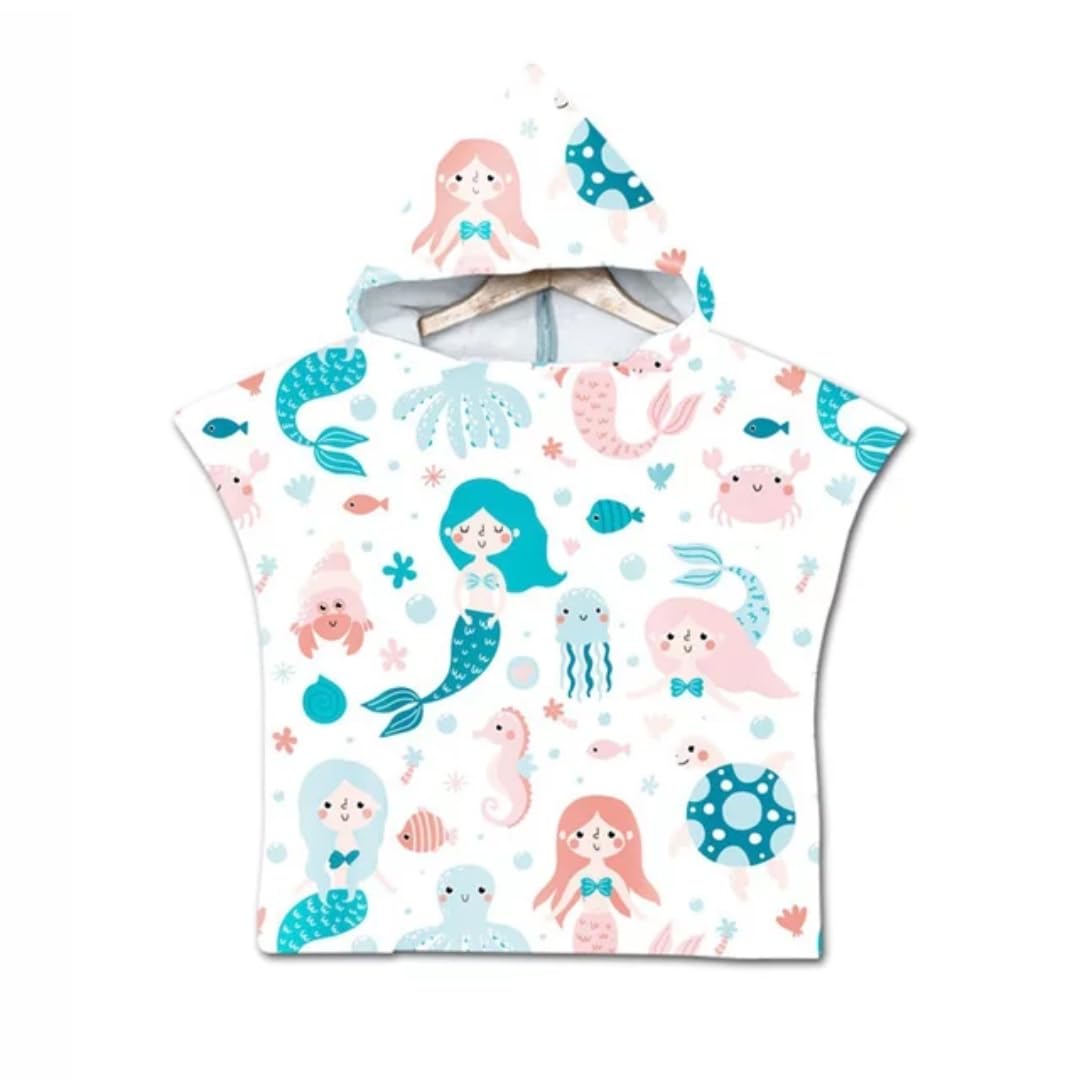 Hooded Poncho Towel for Kids Perfect for a Holiday on the Beach Swimming Pool or Bath Absorbent Lightweight and Quick Drying for Girls Boys Children Toddler 2-7 Years Old (Multi-Colour, Mermaid)