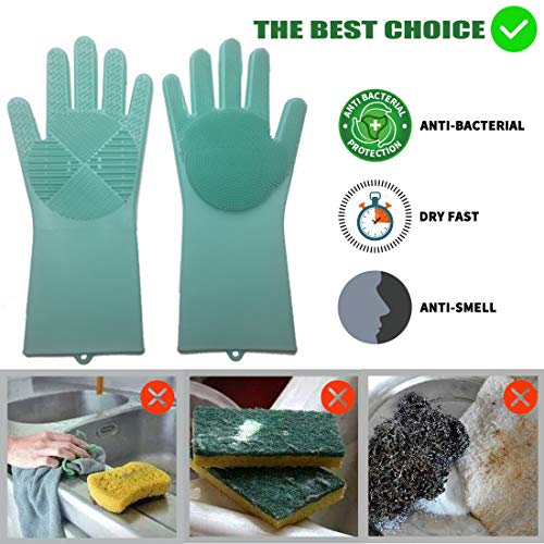 Silicone Scrubbing Dishwashing Magic Gloves- Non-Slip Kitchen Cleaning Silicon Reusable Sponge Gloves with Rubber Scrubber,Work Great for Washing Dish,Car,Bathing Pet(Upgrade Version)