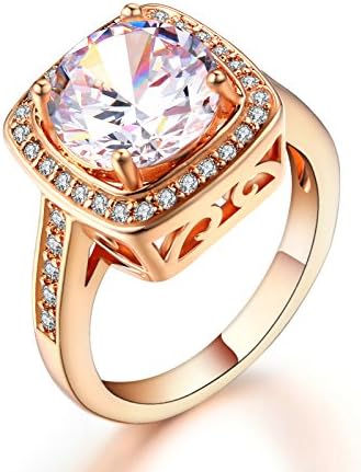 Ritzy Glam Cubic Zirconia Rose Gold Plated Ring | Stunning Crystal Clear April Birthstone Rose Gold Halo Setting with 28 CZ Stones | Nickel-Free, Anti-Allergy, Round Cut Fashion Jewelry for Women (6.5