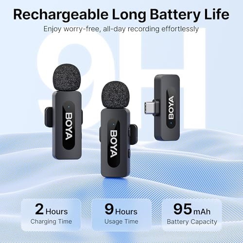 BOYA BY-V20 Wireless Microphones for iPhone 15/16 Series, Android/Laptop with USB-C Port, 100m Range, 9H Battery Life, Noise Reduce Mini Mic Clip on Lapel Microphone for Video Recroding/Youtube/TikTok