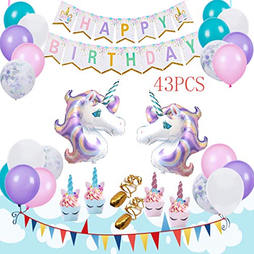 AIFUN Unicorn Balloons Birthday Party Supplies - bUnicorn Birthday Party Decorations Kit Set of 43 Included Huge Unicorn Balloon, Unicorn Happy Birthday Banner, Unicorn Cupcake Toppers+Wrappers, Unicorn Confetti +Pink, Purple,Turquoise Balloon