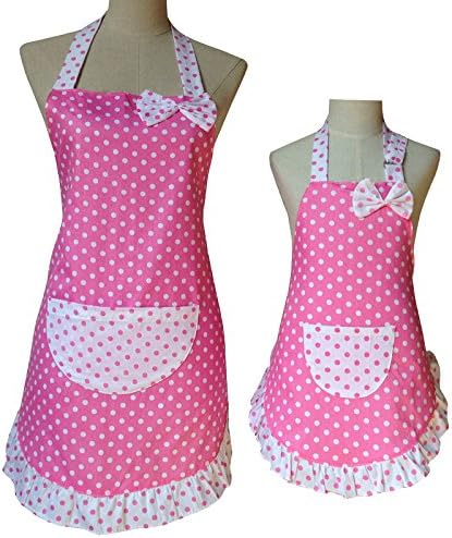 Mommy and Me Matching Retro Polka Dot Apron Set of 2 Mother Daughter (Pink)