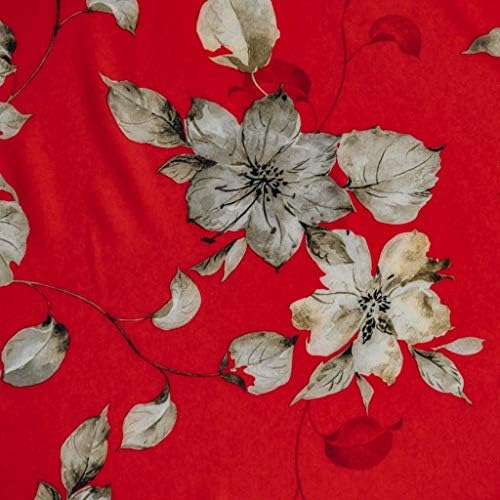 Floral Printed Stretch Woven Dress Fabric - Red White & Grey - Sold by the metre