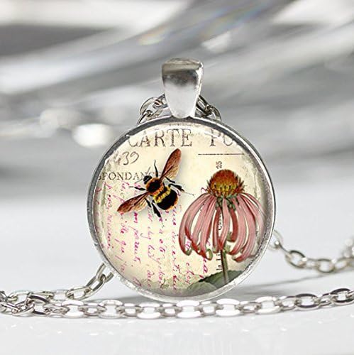 Bee Necklace Honeybee Jewelry Coneflower Garden Flower Floral Art Pendant