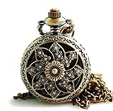 Tirio Bronze Skeleton Floral Quartz Pocket Watch Steampunk Watch Women Pendant Necklace and Gift Box