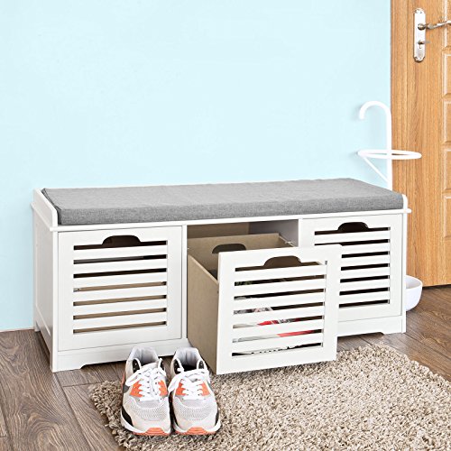 Haotian FSR23W, White Storage Bench with 3 Drawers & Padded Seat