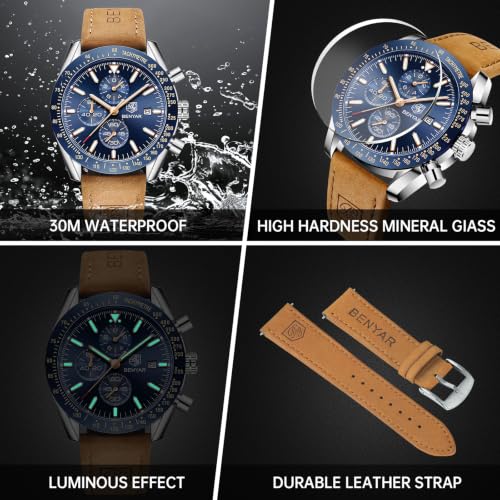 BENYAR Montre Homme Etanche Analogique Quartz Chronographe Lumineuses Date Grand Cadran Classique Mode Affaires Montres Cadeau élégant pour Hommes