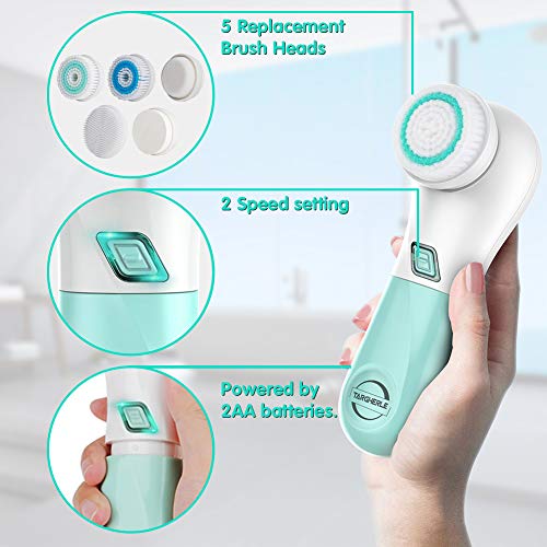 Facial Cleansing Brush, Targherle Facial Brush Waterproof Battery Operated Face Brush Set with 5 Brush Heads for Deep Cleansing, Exfoliating, Removing Blackhead and Makeup Residue (Green)