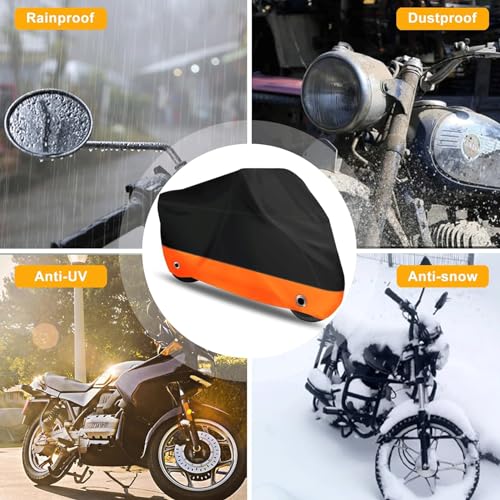 EASYBUYTECH Motorcycle Cover,Motorbike Cover All Season Universal Weather Waterproof Sun Outdoor Protection with Lock-Holes & Storage Bag,Black and Orange 4XL Motorcycles Vehicle Cover