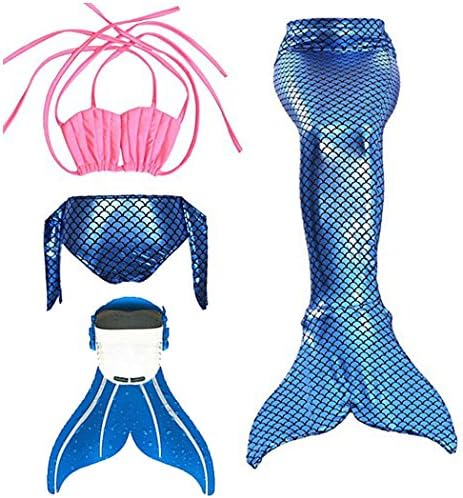 Little Girl's Sparkle Mermaid Tail with Monofin Swimmable Swimwear 4pcs Set Bikini Swimsuit (blue white, 6(100-110cm))