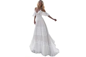 SORAYAN Women's Wedding Dresses Chic Lace Evening Dresses V Neck Ruffle Sleeves Beachy Boho Outdoorsy Wedding Gowns