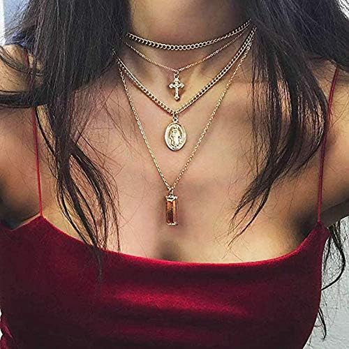 Samidy Women Girls Layered Necklace Multi-layer Cross Blessed Virgin Mary Pendant Necklace Chain for Lady