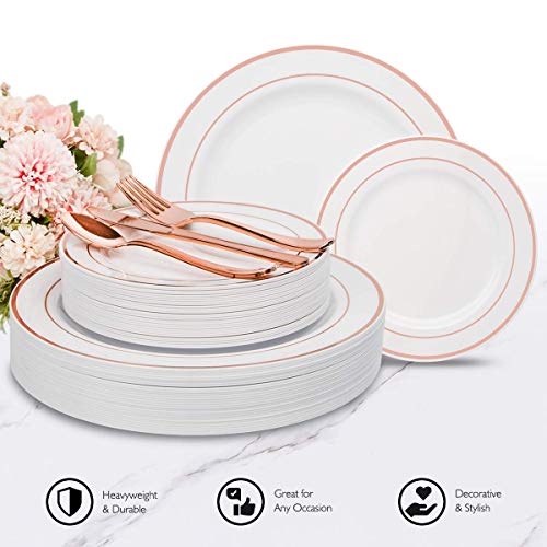 ENUOSUMA Rose Gold Dinnerware Set for 25 Guests [202pcs] Rose Gold Plastic Plates for Party | Disposable Wedding Gold Rim Tableware: Dinner and Dessert Plates, Napkins, Cutlery, Cups, Table Runner - Thumbnail 5