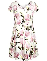 Chicwe - Vestido de mujer con estampado floral de tulipán y mangas de gorra, vestido casual y de fiesta