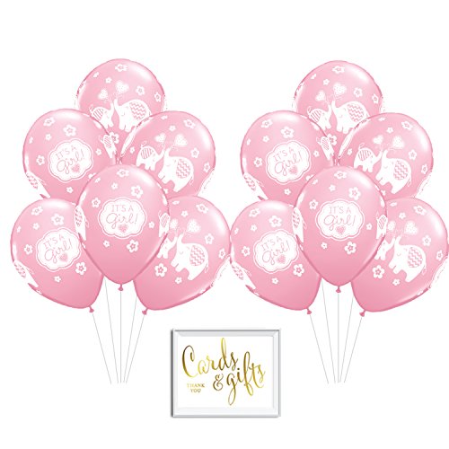 Andaz Press Bulk High Quality Latex Balloon Party Kit with Gold Cards & Gifts Sign, Girl Elephant Pink Baby Shower Printed 11-inch Balloons, Wholesale 50-Pack