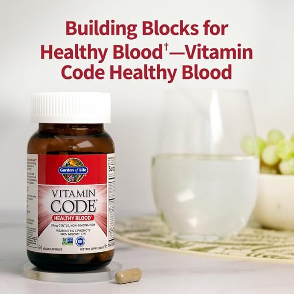 GARDEN OF LIFE VITAMIN CODE HEALTHY BLOOD – IRON SUPPLEMENT FOR WOMEN, 60 VEGAN CAPSULES, WITH VITAMINS B, C, TRACE MINERALS, FRUIT VEGGIES, PROBIOTICS – FOR ENERGY AND ANEMIA SUPPORT