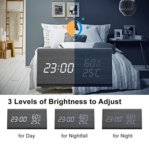 Digital Alarm Clock, Wooden LED Alarm Clock with Triple Alarms, 3 Levels Brightness Dimmer, Big Digit Display Date, Temperature and Humidity for Home Bedrooms