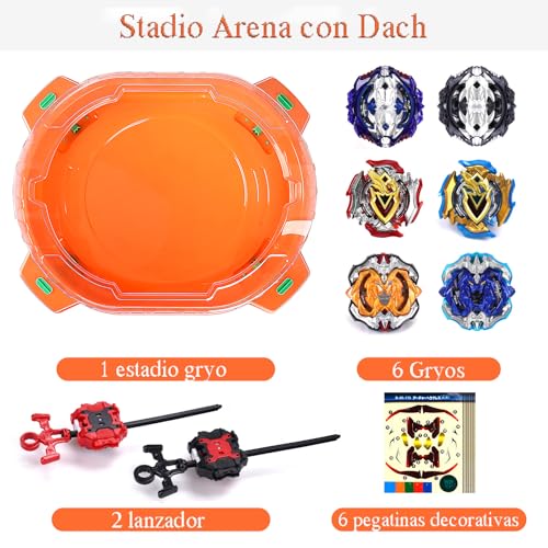 Burst Stadium Spinner Battle Set, 6 Spinner Toy & 2 Devices & 1 Launch Arena for Children 6+ Years Old, Multiplayer Fighting Game (Orange)