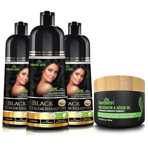 Herbishh Ultimate Hair Color Shampoo Kit (3Pcs Hair Color Shampoo Dye +1 Argan Hair Mask) Smooth And Long Lasting Color Shampoo For Grey Hair Men & Women Easy & Quick To Use-Combo4 (Black)