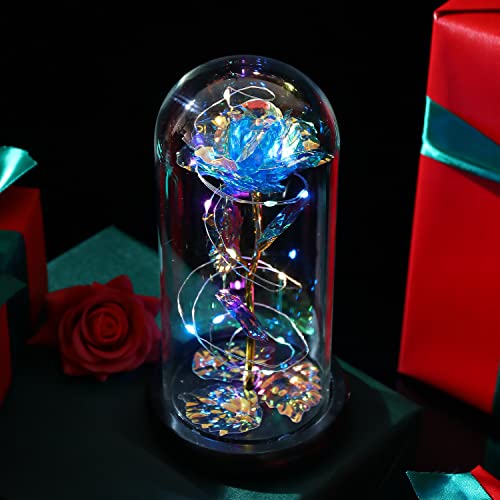 Galaxy Rose Flower Gift Enchanted LED Glass Table Decor Display Gift for Women Girlfriend Mom Birthday Day Wedding Anniversary Room Home Bedroom