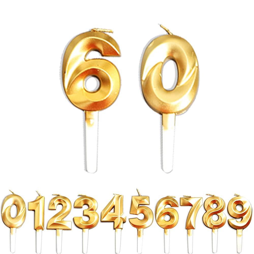 Birthday Candles, 60th Birthday Cake Candles, Cake Decoration for Birthday Party Wedding Anniversary Graduation Party Supplies (Gold, Number 0&6)