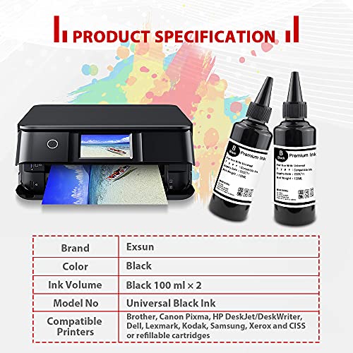 Exsun-Botellas-de-Tinta-Negra-Universales-Compatibles-de-100ml-para-el-Sistema-CISS-Cartucho-de-Tinta-Recargable-Funciona-con-Canon-HP-Epson-Brother-Lexmark-DELL-Ricoh-Kodark-2-Botellas