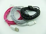 Lot of 3pcs Ruggedized Braided Fabric Colorful 10ft 3m 3meters Extra Long 30pin USB 2.0 Charger Cable Cords for Iphone 4 4s Ipod Touch 4 Nano 6 Black White Hotpink