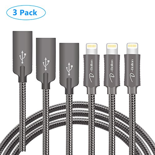 IPhone cable, I-Bollon 3 pack 3feet 8 pin steel spring iPhone charger with zinc alloy lightning cable connector for iPhone 5/5C/5S/6S/6S PLUS/7/7 plus, iPad Air, and more(Grey)