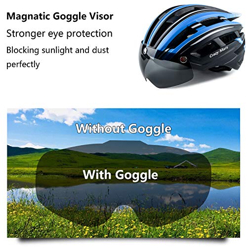 Crazy Mars Adult Bike Helmet with Light and Magnatic Goggle Visor Bicycle MTB BMX Helmet Men Women Adjustable - Thumbnail 3