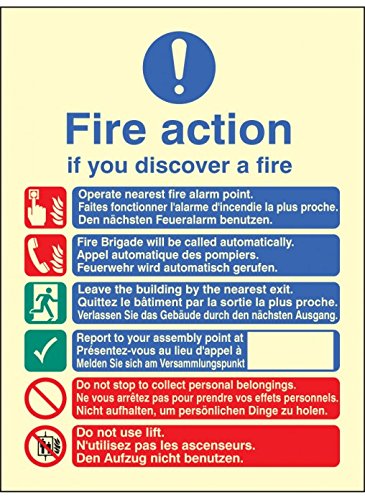 Caledonia Signs 31435H "Multi-Lingual Fire Action Auto With Lift" Sign, Photo luminescent Rigid, 300 mm x 250 mm