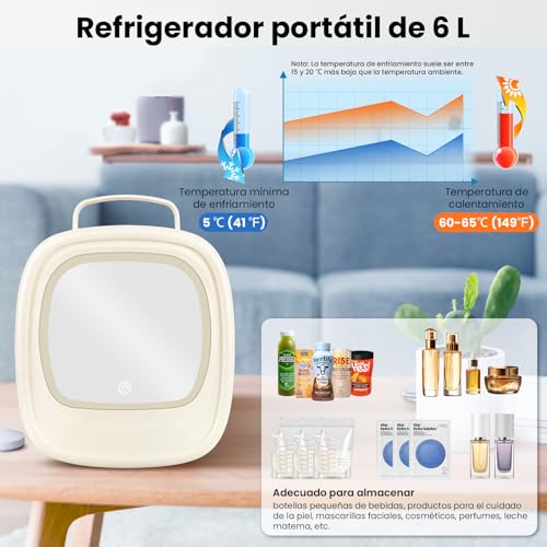 Refrigerador para Skincare 6L, Mini Nevera Portátil con Termoeléctrico Enfría/Calienta, Luces LED con Espejo, Mini Refri para Cosméticos, Bebidas, Leche Materna, Ideal para Belleza, Hogar y Coche