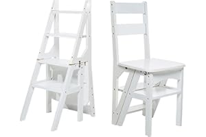 U&Q Solid Wood Folding Ladder Chair,Protable 4-Step Library Ladder,Convertible Folding Chair Step Stool Display Stand for Adults Office Home Kitchen Outdoor, White, 35x46x88cm(14x18x35inch)
