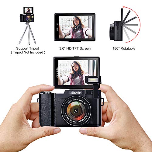 Digital Camera, AMKOV R2 Vlogging Camera 24 MP Point and Shoot Selfie Camera 1080P Camcorder with Wide Angle Lens, UV Filter, 4X Zoom, 2 Rechargeable Batteries, Flip Screen, Retractable Flashlight - Thumbnail 4