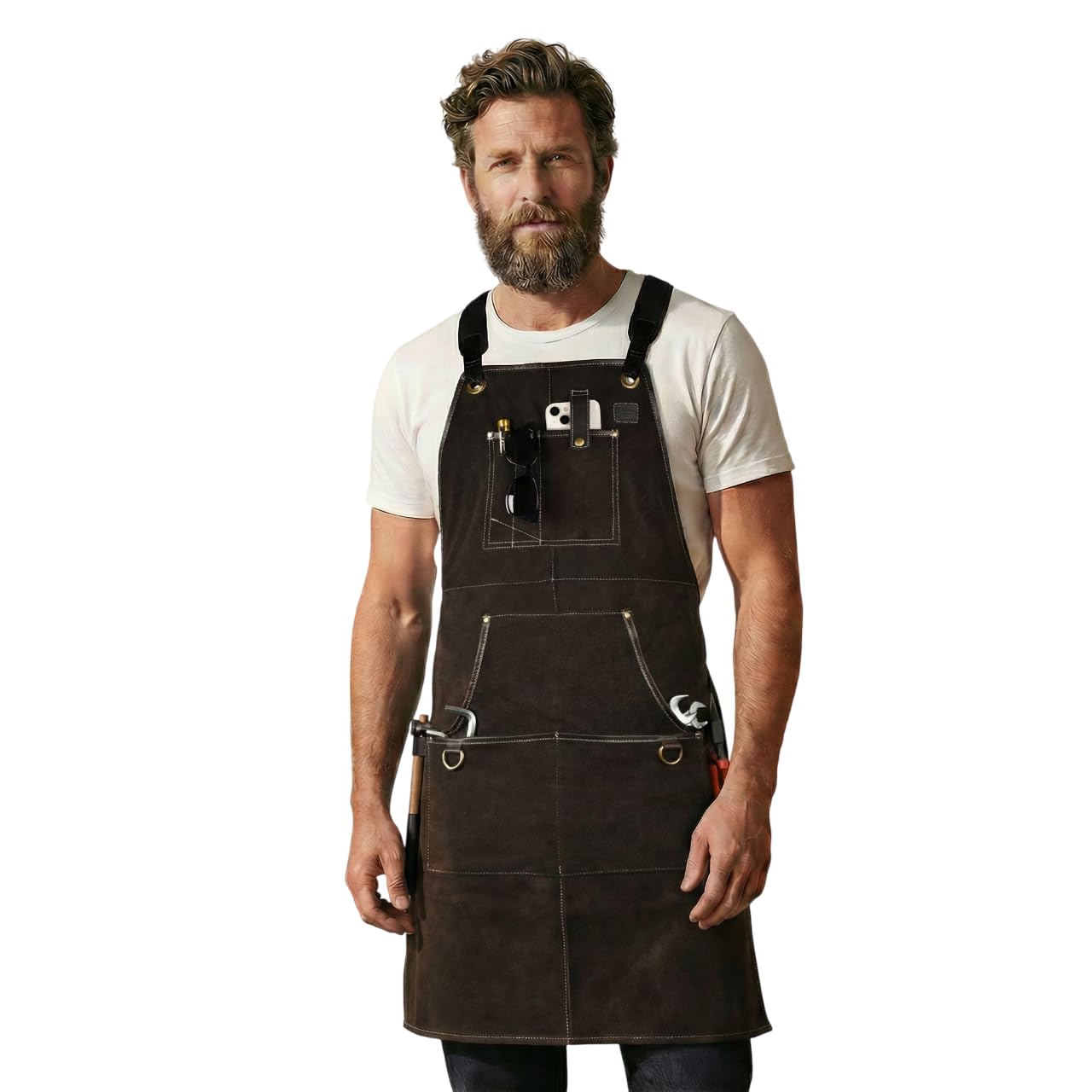 LEATHER VILLAGE Work Apron -Brown- Heavy Duty Wood Working Apron for Men with Tool Pockets for Woodworkers Blacksmiths Carpenters M-XXL