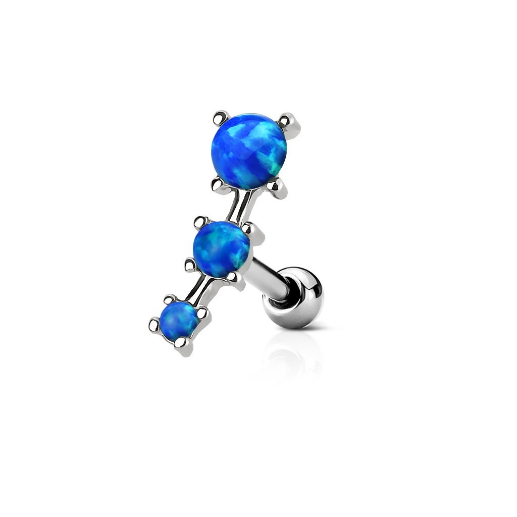 PiercedOff 316L Surgical Steel Externally Threaded Cartilage Barbell with Triple Blue Synthetic Opals - Thickness 16GA (1.2mm) / Bar Length : 6mm / Ball Size 3mm / Top length 14mm