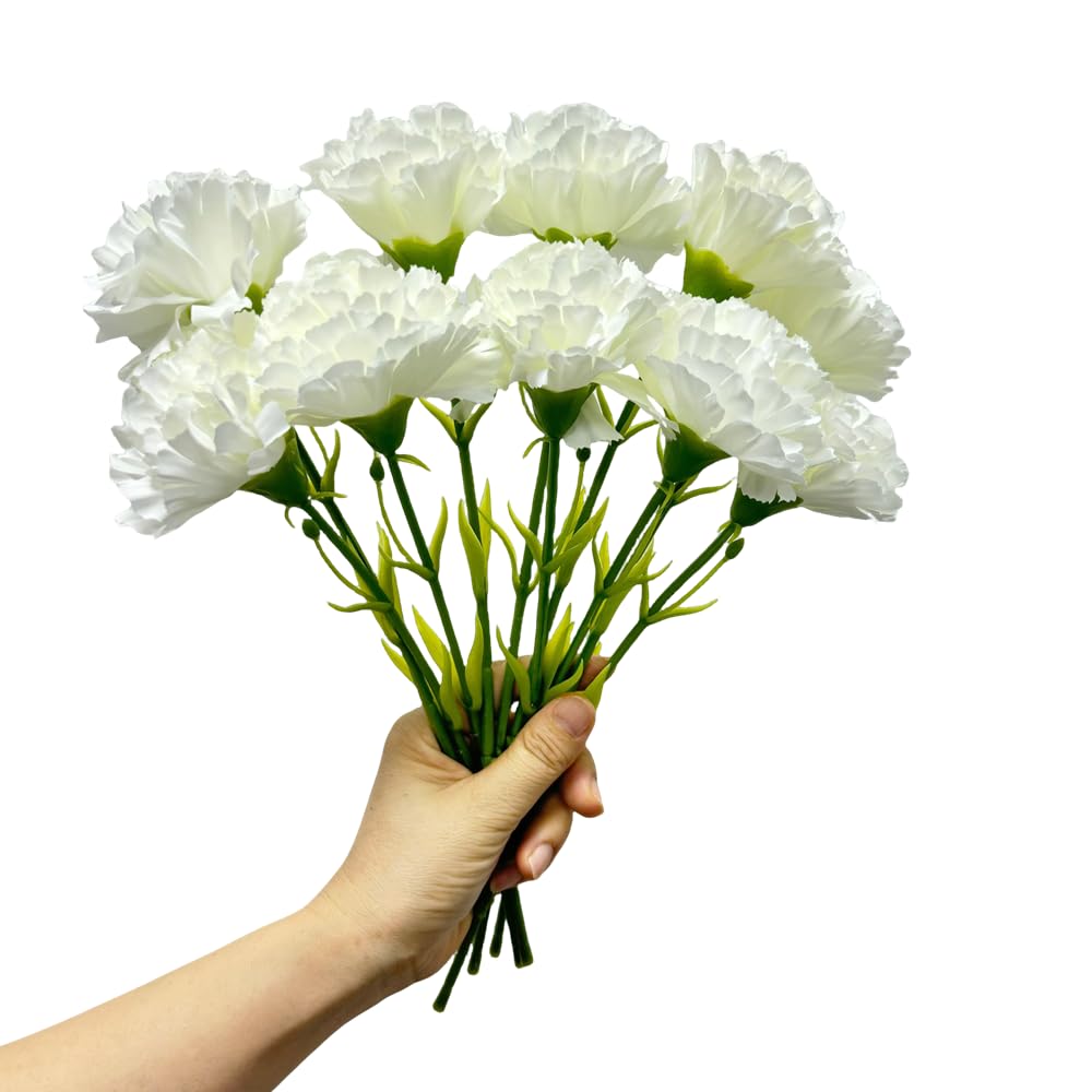 Rikyo 11 inch Bouquets 10 Stem Carnations,Outdoor UV Resistant No Fade Artificial Flower,Mini Carnation Silk Petals Fake Flowers Forever Plants for Home Party and Wedding Decor (White)