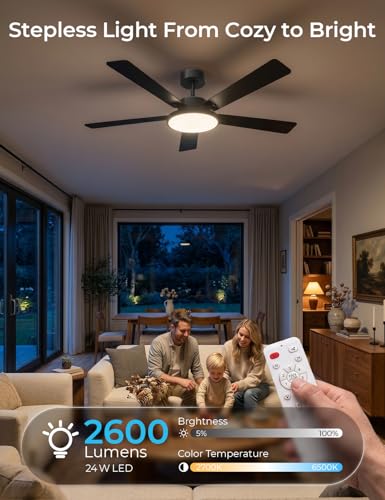CINOTON Smart Ceiling Fan with Lights, 52'' RGBCW Ceiling Fan with Lights and Remote App Voice Control, Reversible DC Motor, 2600lm Dimmable, 6 Speeds & 2 Fan Modes, Quiet Fan for Bedroom, Living Room